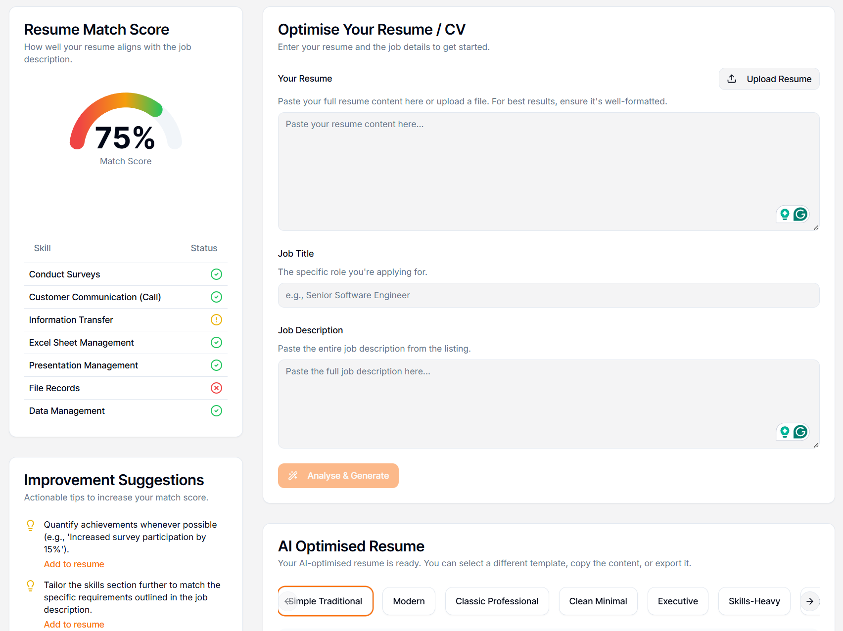 Resume Builder Interface